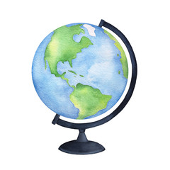 Colorful blue and green terrestrial globe on black base. One single object, side view. Hand painted water color graphic drawing on white background, cut out clipart emblem for design and decoration.