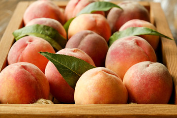 Bunch of ripe freshly picked organic peaches in pile on wooden tray of farmers market. Peach harvest heap. Healthy vegan raw snack. Clean eating concept. Cropped shot, background, top view, flat lay.