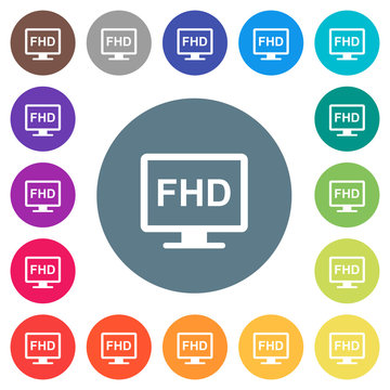 Full HD display flat white icons on round color backgrounds