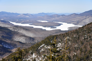 Lake Placid view from top of Little Whiteface Mountain in winter, Adirondack Mountains, New York State, USA.