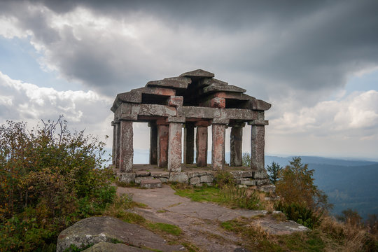Temple of the Donon. Greco-roman classical antiquity architecture style building built in 1869 in the Vosges, Donon summit, Alsace, France.