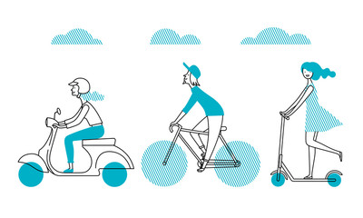 Fototapeta premium People_figure4/People on the street. Vector set of characters. A girl rides a scooter. A man rides a bicycle. 