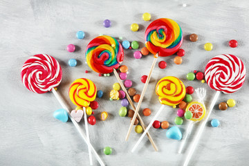 candies with jelly and sugar. colorful array of different childs sweets and treats