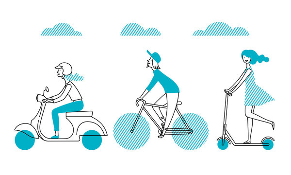 Fototapeta People_figure4/People on the street. Vector set of characters. A girl rides a scooter. A man rides a bicycle. 