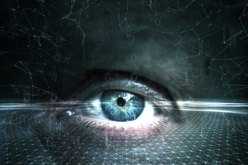 Close up of human eye on futuristic cyberspace network background.