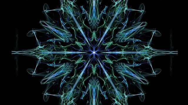 Green and blue fractal hexagonal ornament on black background. Abstract fantasy patterns in loop motion, tunnel effect, 4k video