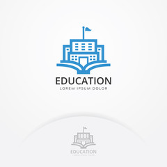 Fototapeta premium Education building logo. Vector of book and a building, symbol of library and study. Education and University logo template