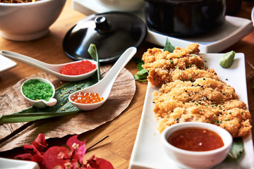 Traditional Japanese food dishes on table