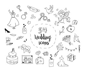 Set of cartoon wedding theme icons