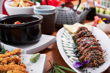 Traditional Japanese food dishes on table