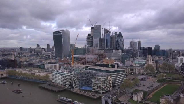 Panoramic Aerial Shot of the Central London Cityscape under Cloudy Sky, UK