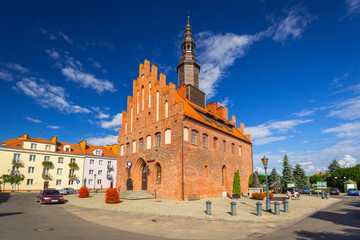 Town hall and market square in Morag, Poland