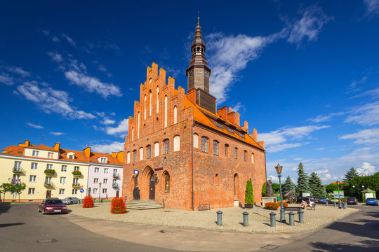 Town hall and market square in Morag, Poland