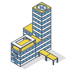 Outlined medical isometric building illustration. Blue and yellow pharmacy pictogram, clinic hospital. Flatten isolated master vector