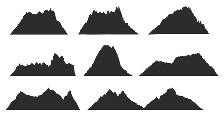 Mountains black silhouettes for outdoor design or travel labels vector set. Black silhouette mountain template, illustration of highland peak mountains for your web design.