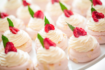 Close up of Pavlova dessert with forest fruit and mint on white background
