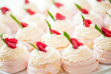 Close up of Pavlova dessert with forest fruit and mint on white background