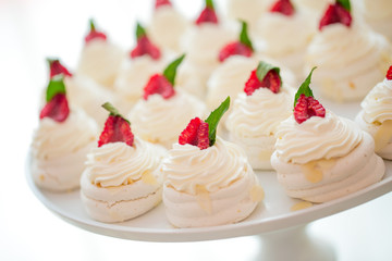 Close up of Pavlova dessert with forest fruit and mint on white background
