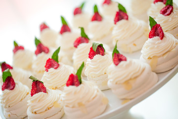 Close up of Pavlova dessert with forest fruit and mint on white background