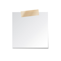 Sticky paper note with tape and shadow isolated on white background. Blank.