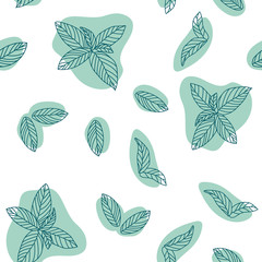 Mint leaves hand drawn seamless pattern. Peppermint, spicy herbs, kitchen texture, Doodle cooking ingredient for design package tea, wallpaper, cosmetics, textile, natural organ © jullyromas
