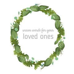 Wedding floral invitation, invite card. Vector watercolor style forest greenery, herbs, eucalyptus, leaves gerbera, chamomile, waxflower natural, botanical green decorative 