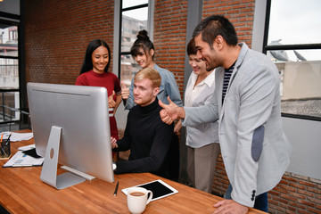 Business concept. Businessmen are shouting with joy. Business people are raising their hands for business success.