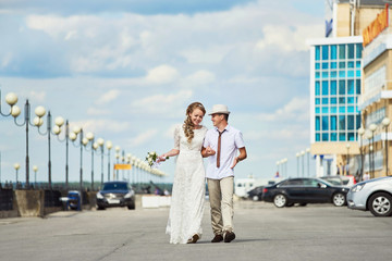 Bride and groom on a walk