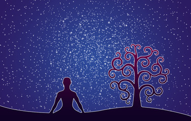Silhouette of yoga in the lotus position and the tree of life against the background of the night starry sky. Artistic background.
