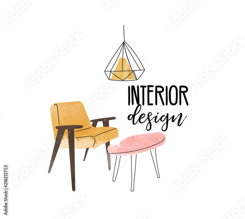 Vector Interior Design Hand Drawn Watercolor Illustration