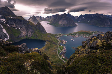 Panoramic view of the fishing town of Reine from the top of the Reinebringen viewpoint in the Lofoten Islands, Norway
