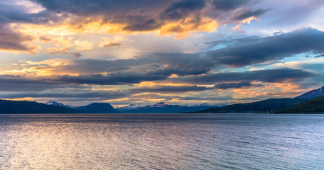 Twilight sky above the wild landscape of the Lofoten Islands, Norway
