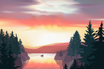 Wild terrain with lake (river) and pine forest. Sunset. Violet, pink and yellow tones.