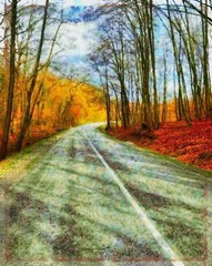 Hand drawing watercolor art on canvas. Artistic big print. Original modern painting. Acrylic dry brush background.  Charming view of the riddles of nature. Beautiful autumn landscape.