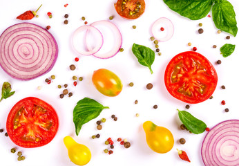 fresh vegetables, herbs and spices isolated on white background