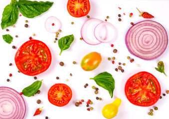 fresh vegetables, herbs and spices isolated on white background