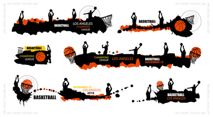 Naklejka premium Set designs for basketball, abstract banners, brush, grunge style. Hand drawing, splash, basketball players, hoop. Sports backgrounds for your text.