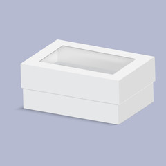 Product cardboard plastic package box with window. Vector mock up