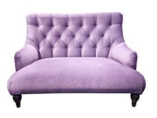Lilac sofa. Soft purple couch. Isolated background. Velour setee or bench. Couch-type screed love...