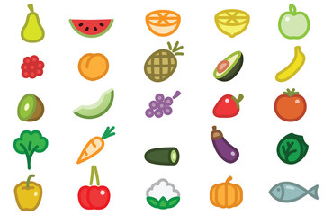 Set of Simple Fruits Vegetables and Fish