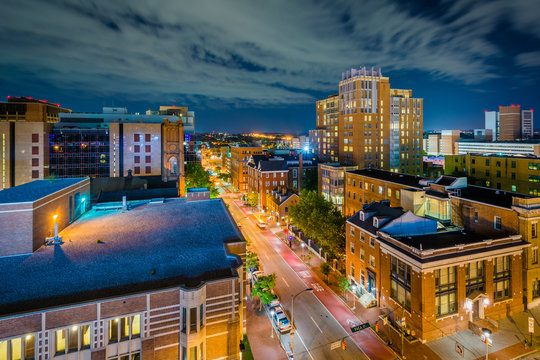 University Of Maryland, Baltimore Night View In Downtown Baltimore, Maryland