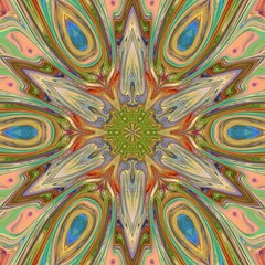 Creative bright mandala. Kaleidoscope abstract wallpaper. Sacred geometry digital painting art. Ethnic fractal artwork. Symmetric stylish graphic design pattern. Print for fabric, textile or paper.