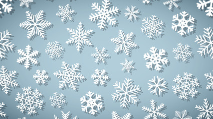 Christmas background of snowflakes of different shapes and sizes with shadows. White on light blue.