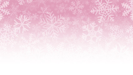 Christmas illustration of many layers of snowflakes of different shapes, sizes and transparency. On gradient background from pink to white.
