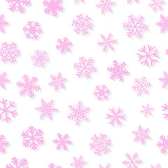 Christmas seamless pattern of snowflakes, pink on white background
