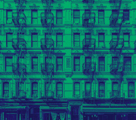 Historic apartment building in the Lower East Side of Manhattan, New York City with green and blue...