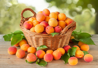 Ripe apricots fruit in a basket on a wooden table.