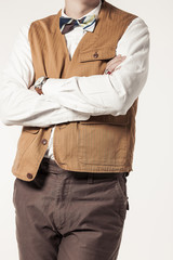 man wearing brown clothes isolated white.