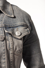 woman wearing blue denim isolated white.