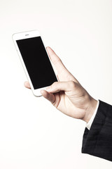 business man hand hold a mobile phone on the white background.